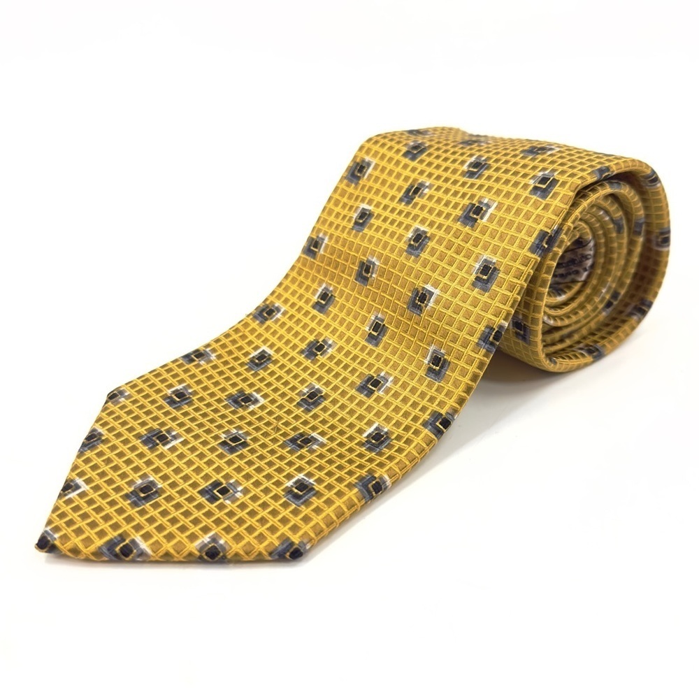 Ermenegildo Zegna 100% Silk Neck Tie Gold Yellow Black Geometric Made In Italy
